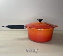 Vintage LE CREUSET Orange Flame Enamel #20 SAUCE PAN Black Phenolic Handle -HTF