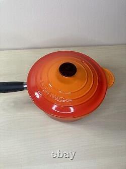 Vintage LE CREUSET Orange Flame Enamel #20 SAUCE PAN Black Phenolic Handle -HTF