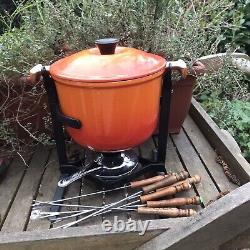 Vintage Le Creuse Cast Iron Enamel Fondue Pot Set mama mara orange flame french
