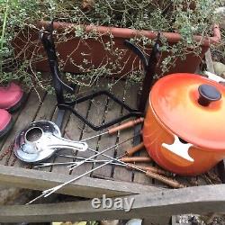 Vintage Le Creuse Cast Iron Enamel Fondue Pot Set mama mara orange flame french