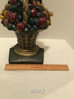 Vintage Painted Cast Iron large Heavy 14+ lbs FRUIT GIFT BASKET w Bow Doorstop