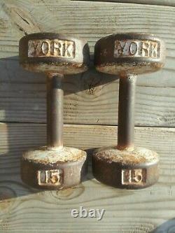 Vintage York 15 lb Roundhead Cast Iron Dumbbells Pair 2-15 lb 30 lbs Made in USA