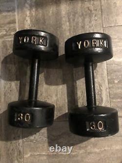 Vintage York 30 LB Roundhead Dumbbell Weights PAIR Pre-USA Stamp