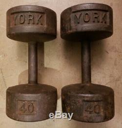 Vintage York 40lb pair Cast Iron roundhead Dumbbells Weights round head BENT