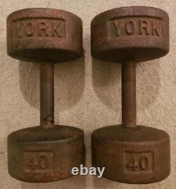 Vintage York 40lb pair Cast Iron roundhead Dumbbells round head pre USA rare