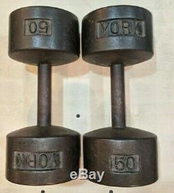 Vintage York 50lb Pair Cast Iron Roundhead Dumbbells Weight USA 50 Pound
