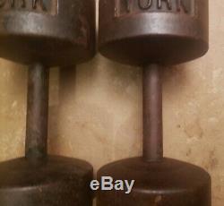 Vintage York 50lb pair Cast Iron roundhead Dumbbells Weight round head pre USA