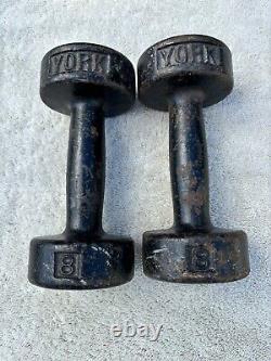 Vintage York 8 LB Dumbbell Cast Iron Single Roundhead Single USA Stamp Pair (2)