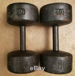 Vintage York US 40lb pair Cast Iron roundhead Dumbbells Weights round head