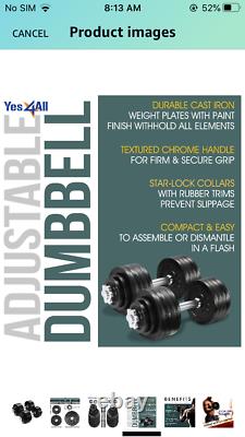 Yes4All 52.5LB Adjustable Dumbbell Weights Cast Iron Chrome Handle SINGLE ONLY