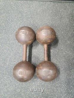 York Barbell 50 lb. Globe Dumbbell Weights Rare Vintage Handles are Straight