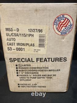 Zoeller M53 Mighty-Mate 53-D Cast Iron Sump Pump, Automatic NOS VINTAGE 1996