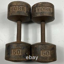 (2) 50 Lb Vintage York Roundhead Dumbbells Solid Free Shipping Haltérophilie