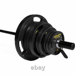 300lb Olympic Weight Plate Set With 7' Bar Home Gym Exercise Cast Iron Grip Plaques