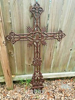 4' Antique Sand Cast Iron Cross Garden Française Crucifix Cemetary Memorial £ 30