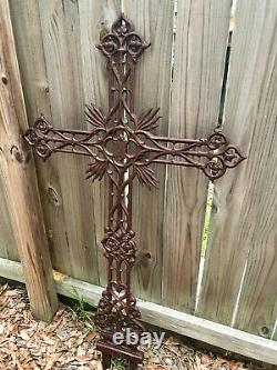 4' Antique Sand Cast Iron Cross Garden Française Crucifix Cemetary Memorial £ 30