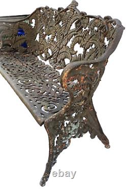 Banc en fonte antique, fougère et mûre, Fiske, NYC, 19e siècle, 68 kg, 137 cm