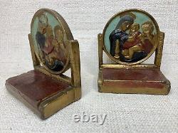 Bookends en fonte vintage Madonna et Enfant religieux 5,5 x 4,75 patine 4+ lbs