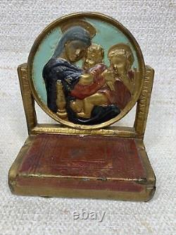 Bookends en fonte vintage Madonna et Enfant religieux 5,5 x 4,75 patine 4+ lbs