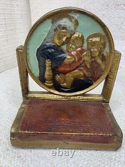 Bookends en fonte vintage Madonna et Enfant religieux 5,5 x 4,75 patine 4+ lbs
