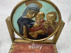 Bookends en fonte vintage Madonna et Enfant religieux 5,5 x 4,75 patine 4+ lbs