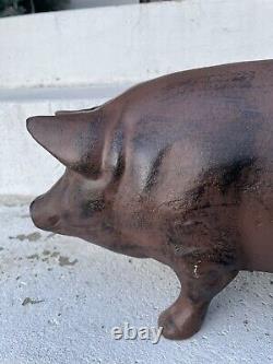 Énorme Tirelire en fonte antique en forme de cochon cochon Sculpture Cale-porte 24 livres 18 pouces Vintage