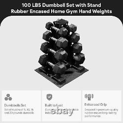 Ensemble d'haltères hexagonaux en fonte avec revêtement en caoutchouc et support de rangement de 100LB