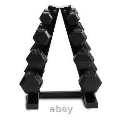 Ensemble d'haltères hexagonaux en fonte de 100 lb avec support, noir, NEUF.