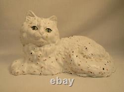 Grand Vintage Vert Yeux Blanc Chat Cast Fer Statue Pees 7 Lbs