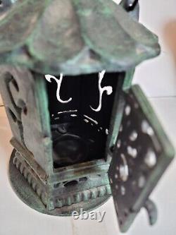 Jardin Japonais Verdigris Pagoda Fonte De La Bougie En Fer Lanterne Lourde 8+ Lbs Vintage