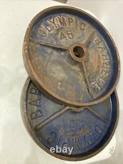 Pair D'ancienne Rusty 45 Lb Iron Olympic Weight Plates (90 Livres Au Total)