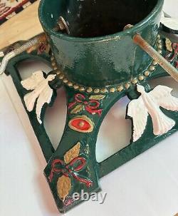 Support pour sapin de Noël en fonte émaillée avec anges et cloches vintage, rubans - 24 livres