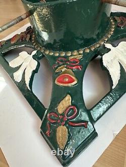 Support pour sapin de Noël en fonte émaillée avec anges et cloches vintage, rubans - 24 livres