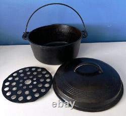 VTG RARE WAGNER WARE SIDNEY O CASSEROLE EN FER FORGÉ 1267 AVEC COUVERCLE, ANSE & PLATEAU D'ÉGOUTTEMENT