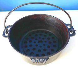 VTG RARE WAGNER WARE SIDNEY O CASSEROLE EN FER FORGÉ 1267 AVEC COUVERCLE, ANSE & PLATEAU D'ÉGOUTTEMENT