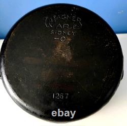VTG RARE WAGNER WARE SIDNEY O CASSEROLE EN FER FORGÉ 1267 AVEC COUVERCLE, ANSE & PLATEAU D'ÉGOUTTEMENT