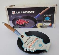 Vintage Nos Le Creuset 9 Enamel Cast Iron Fry Pan Pan Poignée En Bois Bleu 23